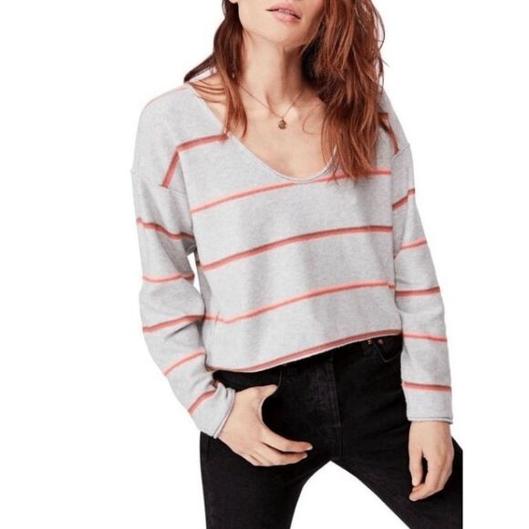 NEW Free People Women’s XS Make You Mine Grey Orange Stripe Sweater - Picture 3 of 5